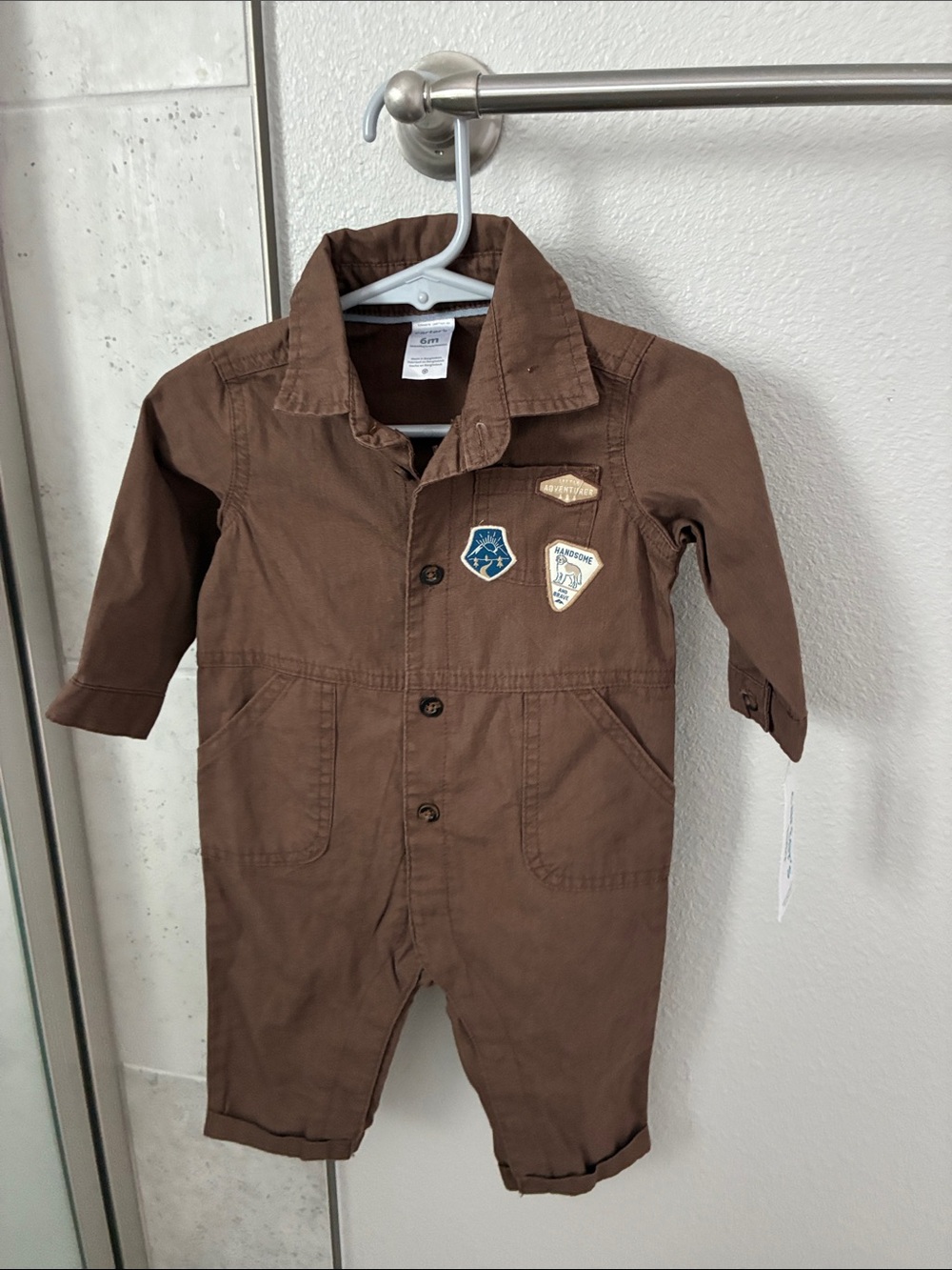 Carter's Brown Long-Sleeve Cotton Romper with Badge Patches